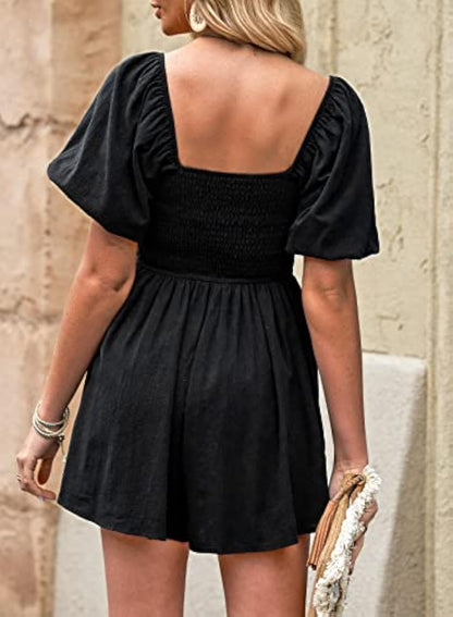 Puff Sleeve Elastic Square Neck Mini Short Romper with Pockets