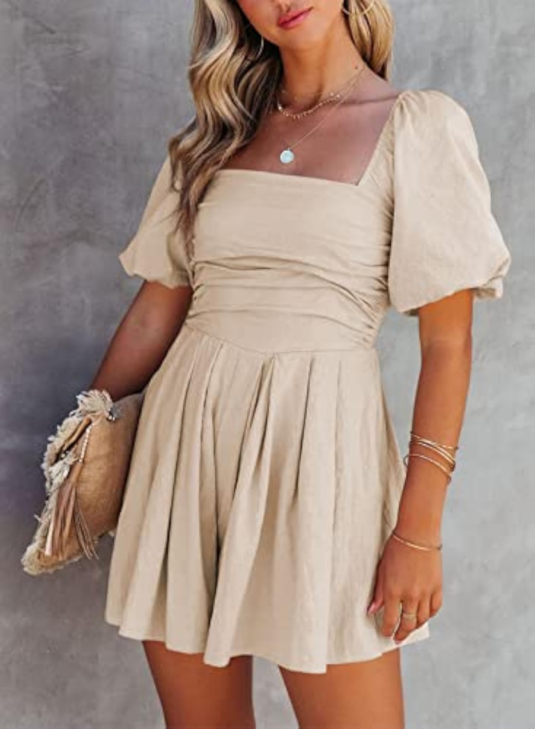 Puff Sleeve Elastic Square Neck Mini Short Romper with Pockets