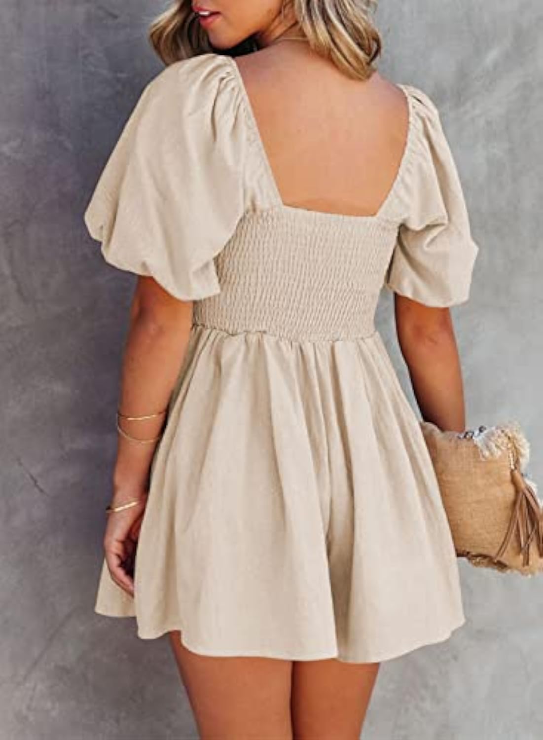 Puff Sleeve Elastic Square Neck Mini Short Romper with Pockets