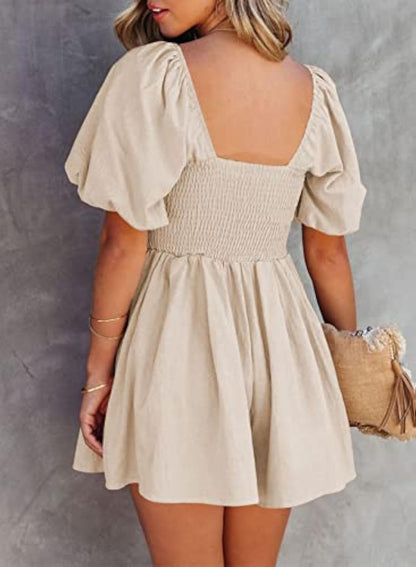 Puff Sleeve Elastic Square Neck Mini Short Romper with Pockets