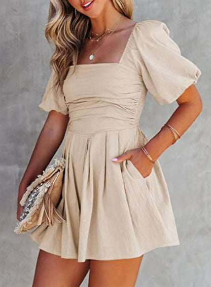 Puff Sleeve Elastic Square Neck Mini Short Romper with Pockets