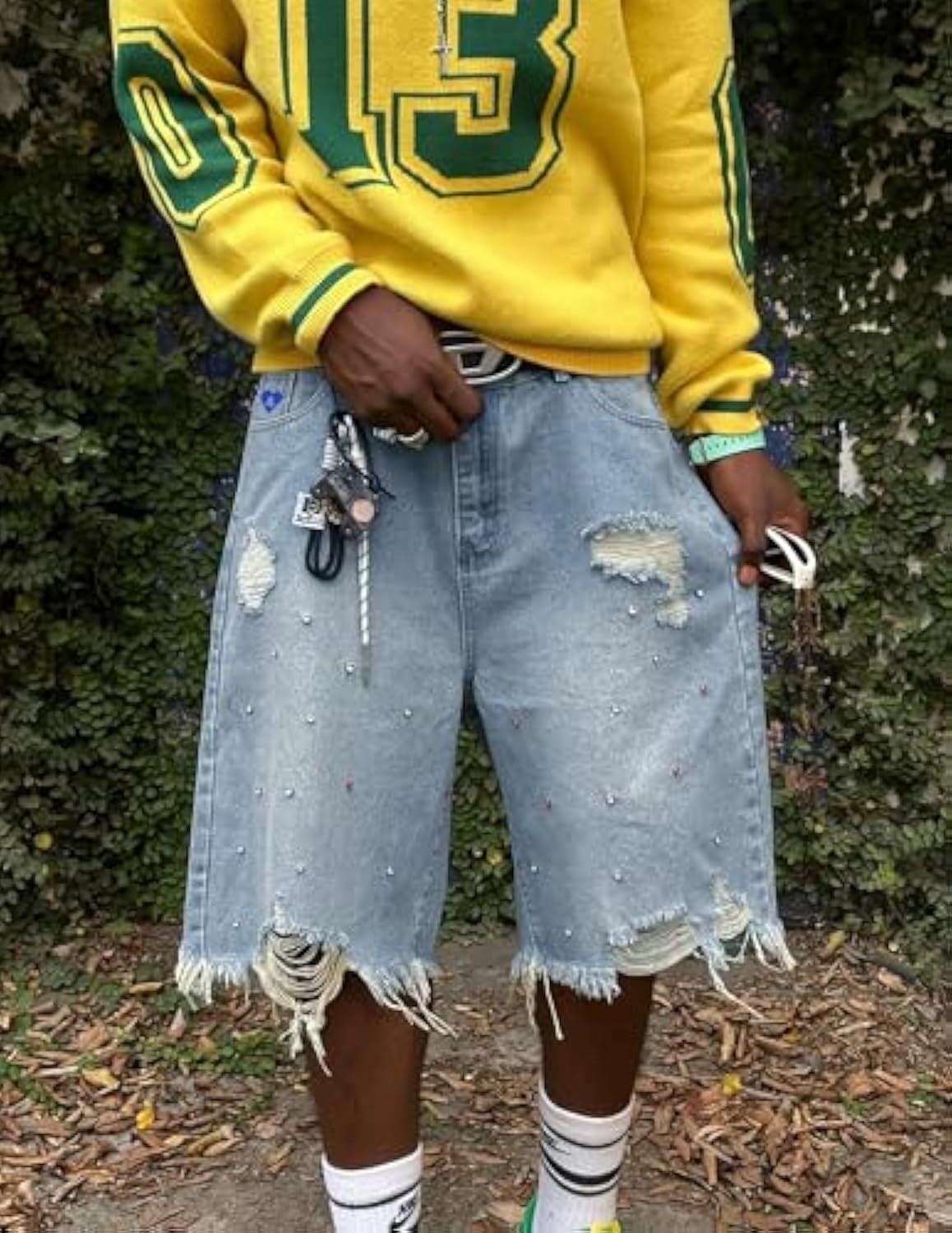 Wide-leg Denim Shorts With Rhinestones