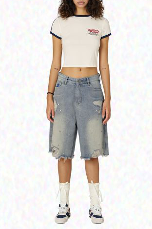 Wide-leg Denim Shorts With Rhinestones
