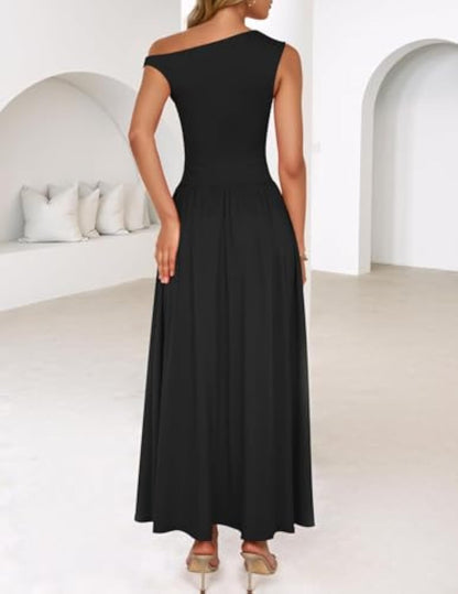 Sleeveless One Shoulder Casual Pleated Pocket Dress
