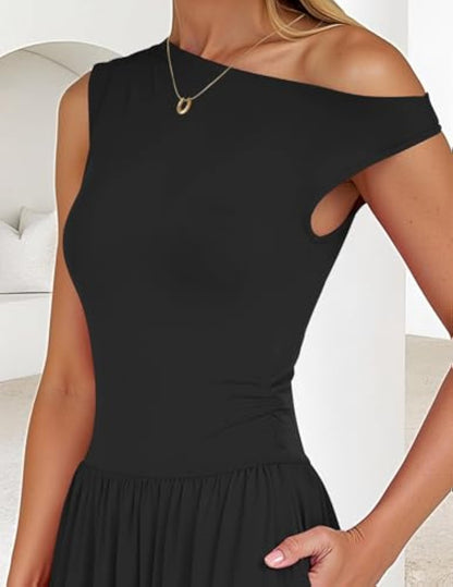 Sleeveless One Shoulder Casual Pleated Pocket Dress