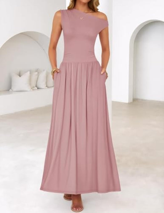 Sleeveless One Shoulder Casual Pleated Pocket Dress