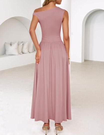 Sleeveless One Shoulder Casual Pleated Pocket Dress