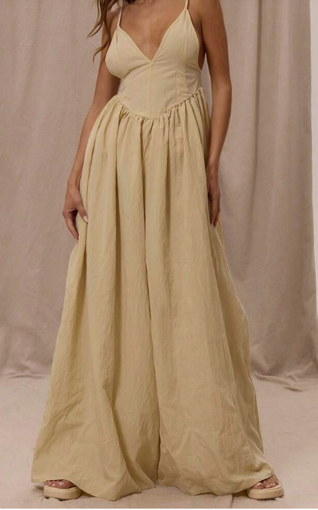 Thin Strap Plunge Front Dropped Waist Ruched Wide Leg Jumpsuit