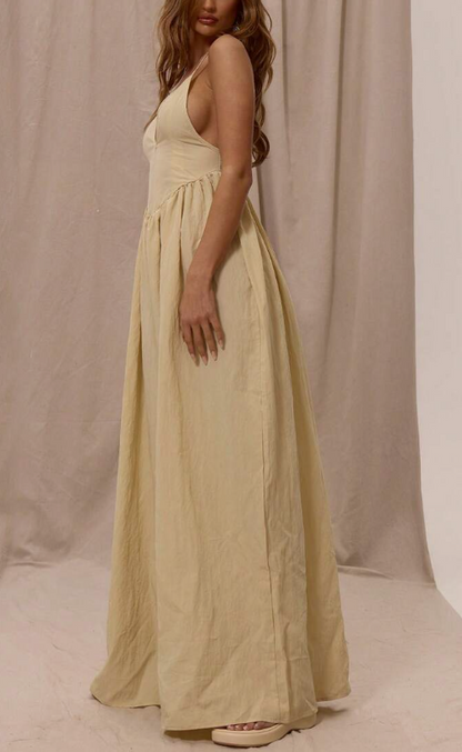 Thin Strap Plunge Front Dropped Waist Ruched Wide Leg Jumpsuit