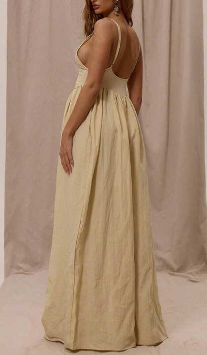 Thin Strap Plunge Front Dropped Waist Ruched Wide Leg Jumpsuit