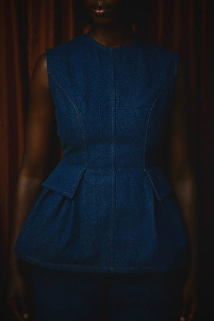Backless Denim Peplum Top & Pant
