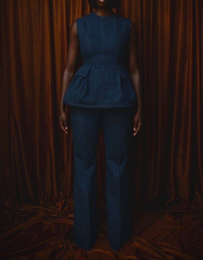 Backless Denim Peplum Top & Pant