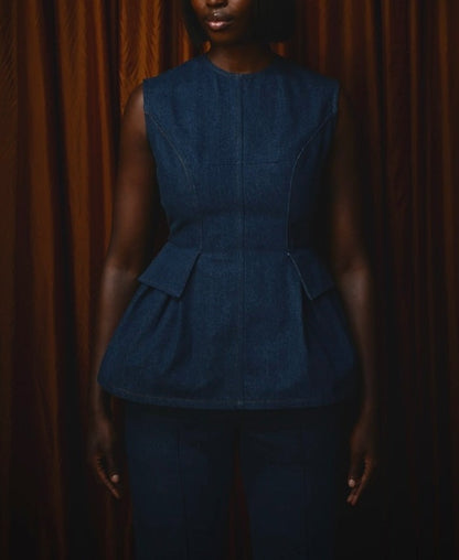 Backless Denim Peplum Top & Pant
