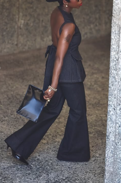 Backless Denim Peplum Top & Pant