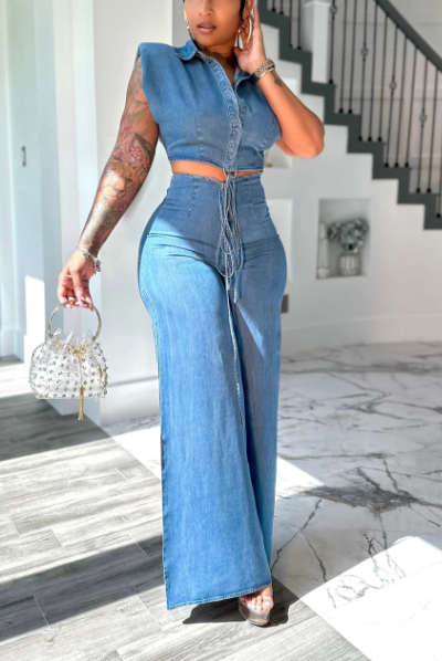Lapel Sleeveless Denim Pant Set