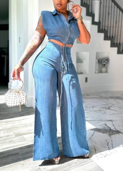 Lapel Sleeveless Denim Pant Set
