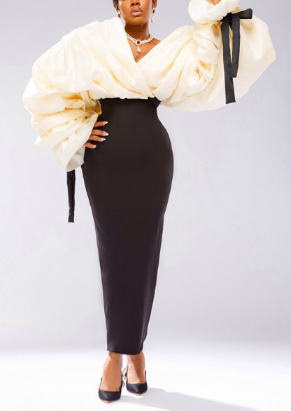 Deep V-neck Long Sleeve Dress Set
