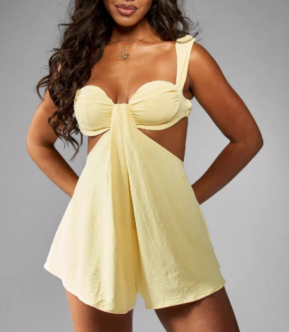 V-neck Pleated Waist Hollow Cutout Jumpsuit