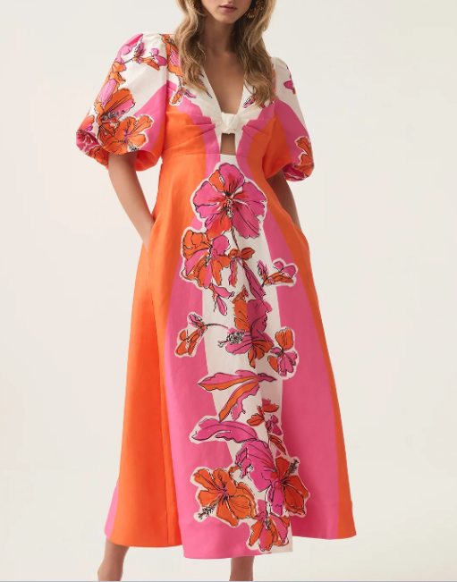 Puff Sleeve Printed Midi Dress