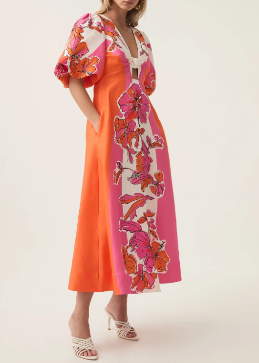 Puff Sleeve Printed Midi Dress