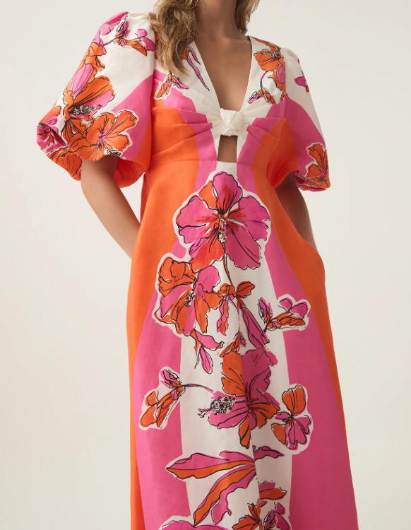 Puff Sleeve Printed Midi Dress