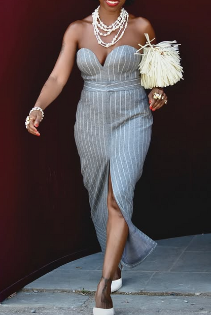 Striped Strapless Midi Dress Set