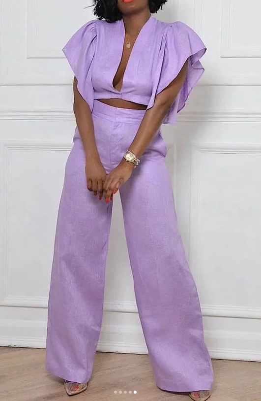 Deep V Ruffle Sleeve Top & Pant Set