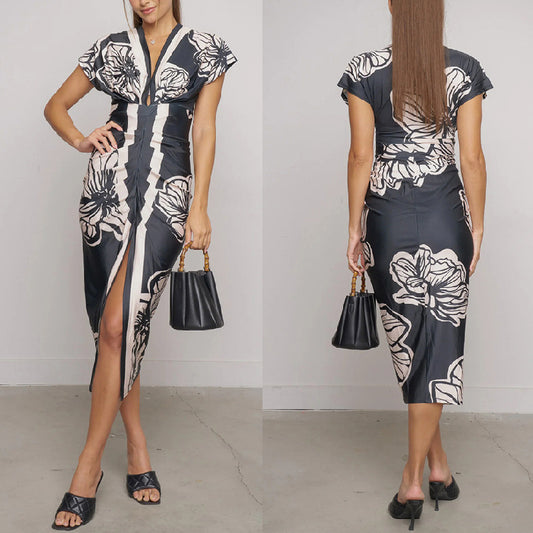 Print V Neck Short Sleeve Pleated High Waisted Slit Dress