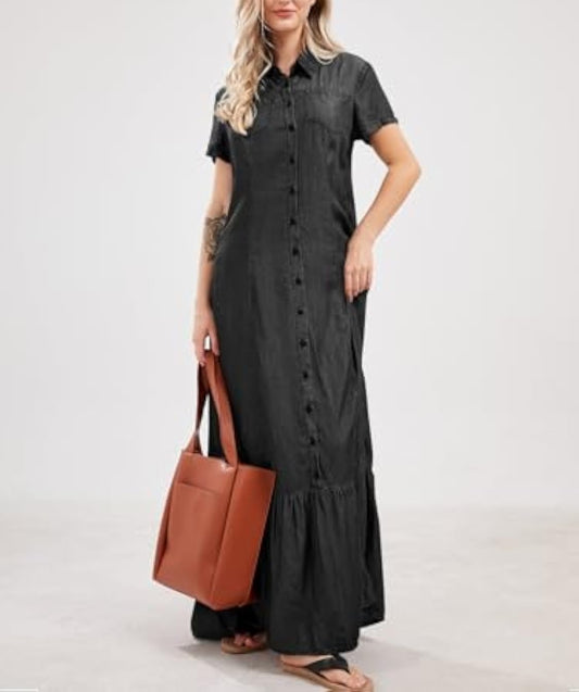 Loose Fit Button Down Long Denim Dress