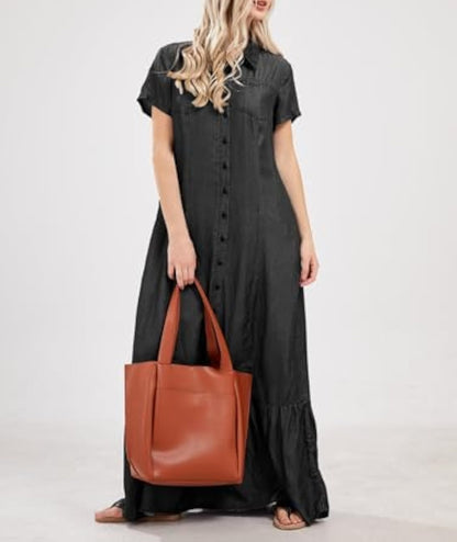 Loose Fit Button Down Long Denim Dress