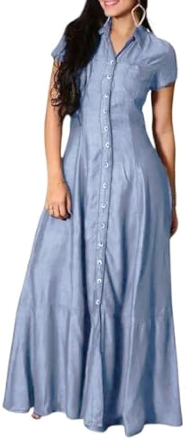 Loose Fit Button Down Long Denim Dress