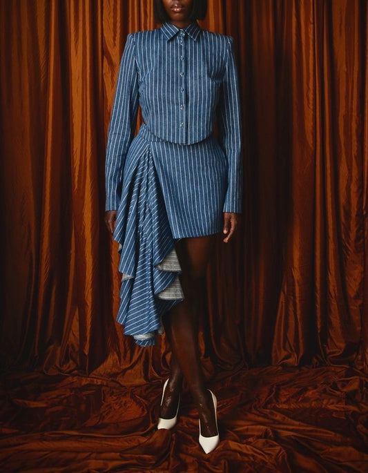 Pinstriped Denim Tailored Backless Jacket & Asymmetric Mini Skirt