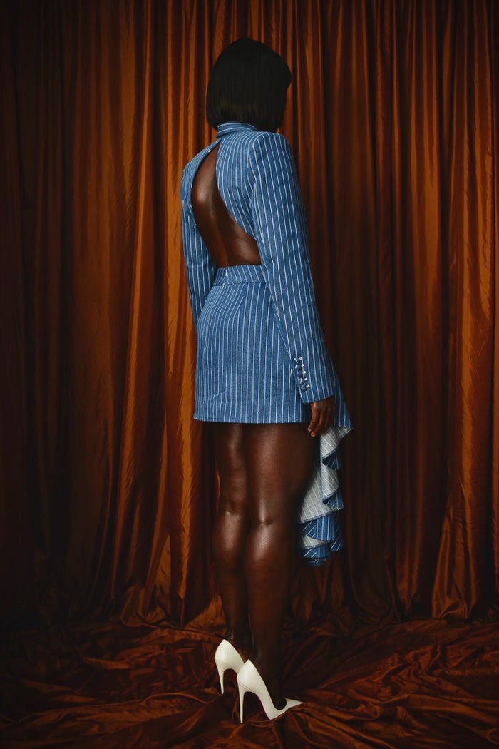 Pinstriped Denim Tailored Backless Jacket & Asymmetric Mini Skirt