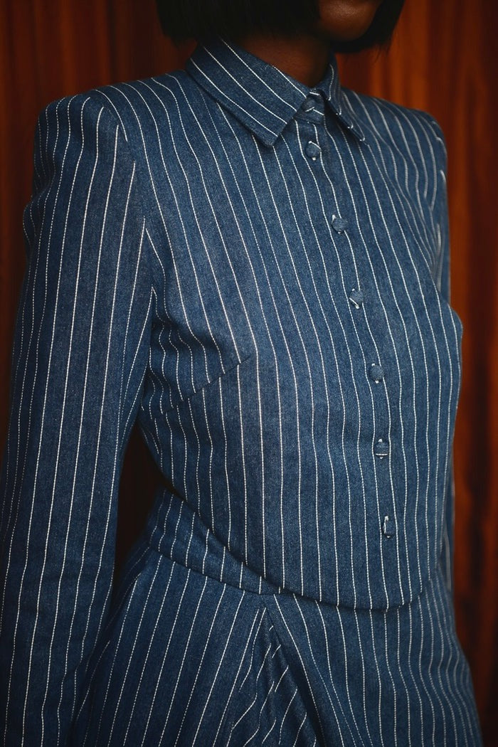 Pinstriped Denim Tailored Backless Jacket & Asymmetric Mini Skirt