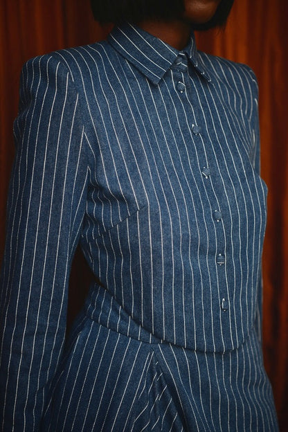 Pinstriped Denim Tailored Backless Jacket & Asymmetric Mini Skirt