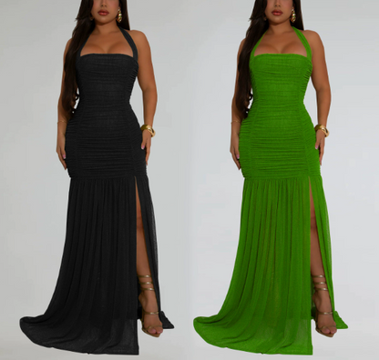 Halter Neck Mesh Sexy Slit Dress