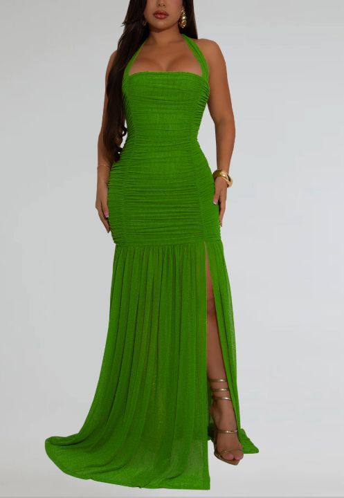 Halter Neck Mesh Sexy Slit Dress