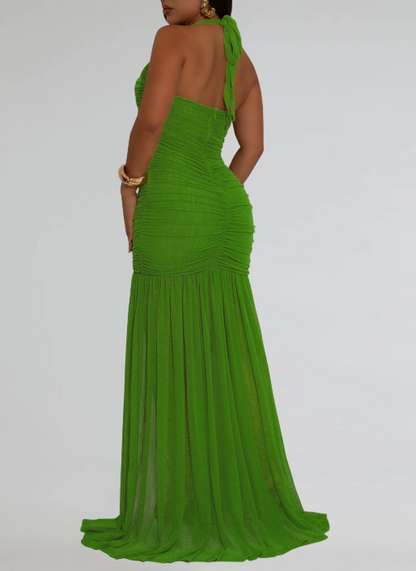 Halter Neck Mesh Sexy Slit Dress