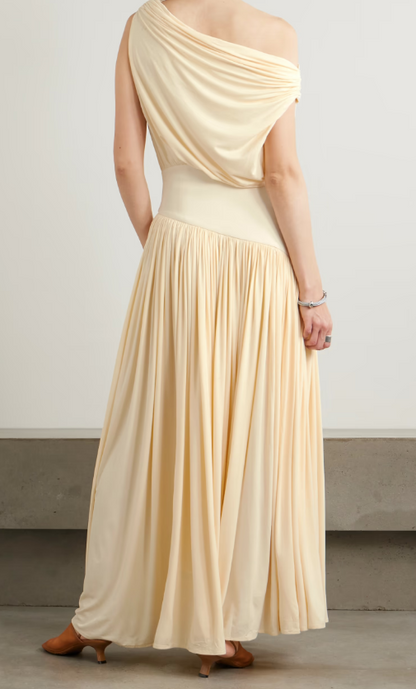 One-shoulder Asymmetric Draped Stretch Maxi Dress