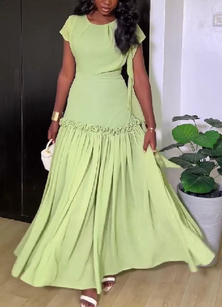 Round Neck High-waisted Ruffled Maxi Dress