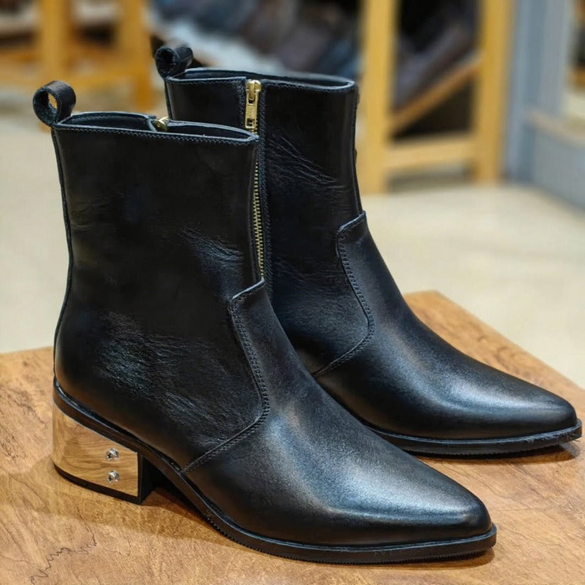 Men's Metal Block Heel Pointed Leather Boots