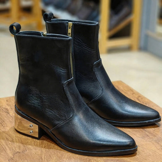 Men's Metal Block Heel Pointed Leather Boots