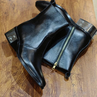 Men's Metal Block Heel Pointed Leather Boots