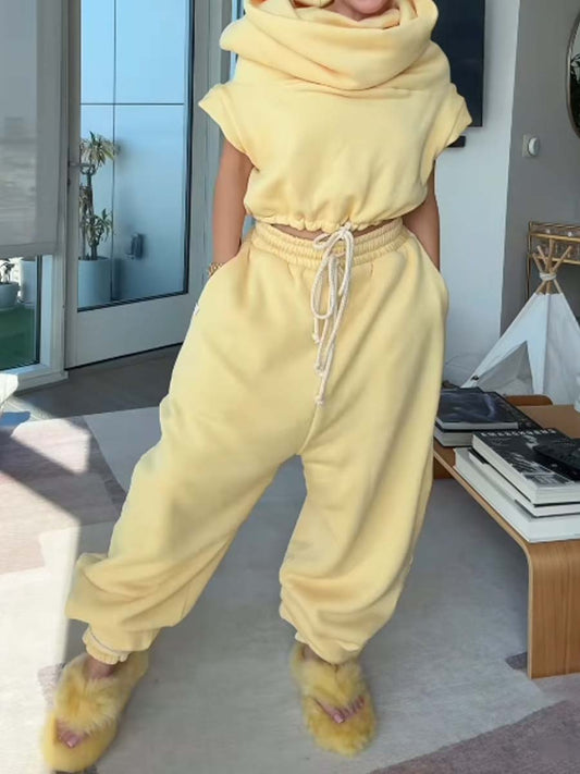 Cropped Sleeve Drawstring Hoodie Vest And Oversized Sweatpants Two Pieces Set