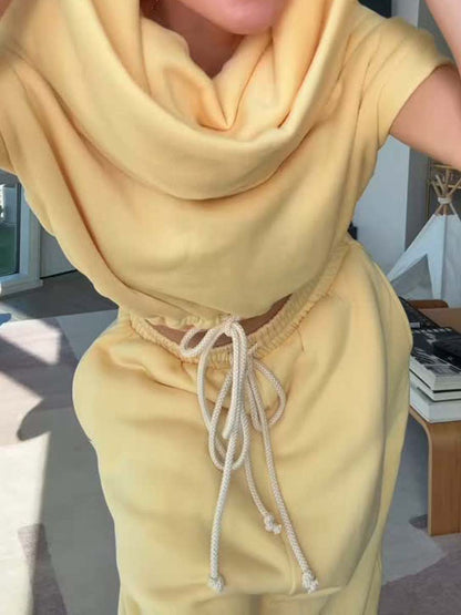 Cropped Sleeve Drawstring Hoodie Vest And Oversized Sweatpants Two Pieces Set