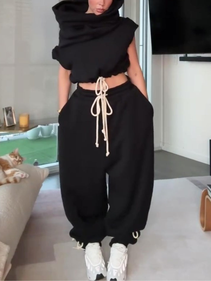 Cropped Sleeve Drawstring Hoodie Vest And Oversized Sweatpants Two Pieces Set
