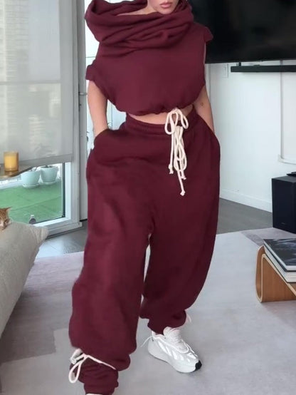 Cropped Sleeve Drawstring Hoodie Vest And Oversized Sweatpants Two Pieces Set