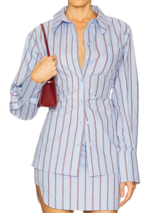 Striped Long-sleeved Shirt And Skirt Two-piece Set
