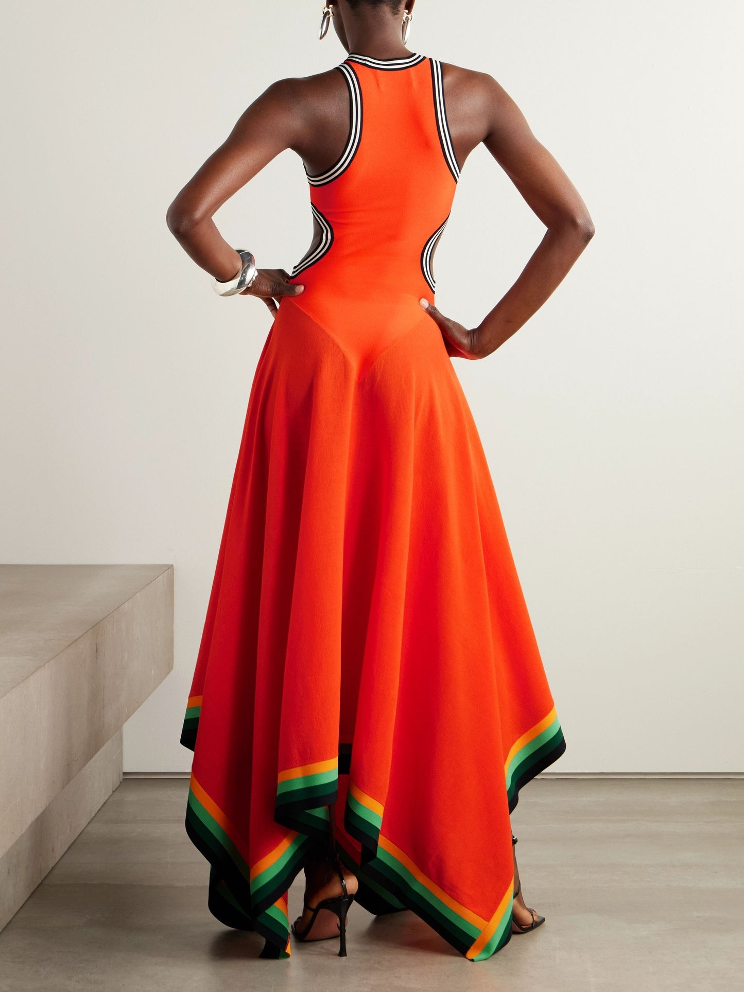 Cutout Contrast Color Irregular Striped Cotton-blend Gown
