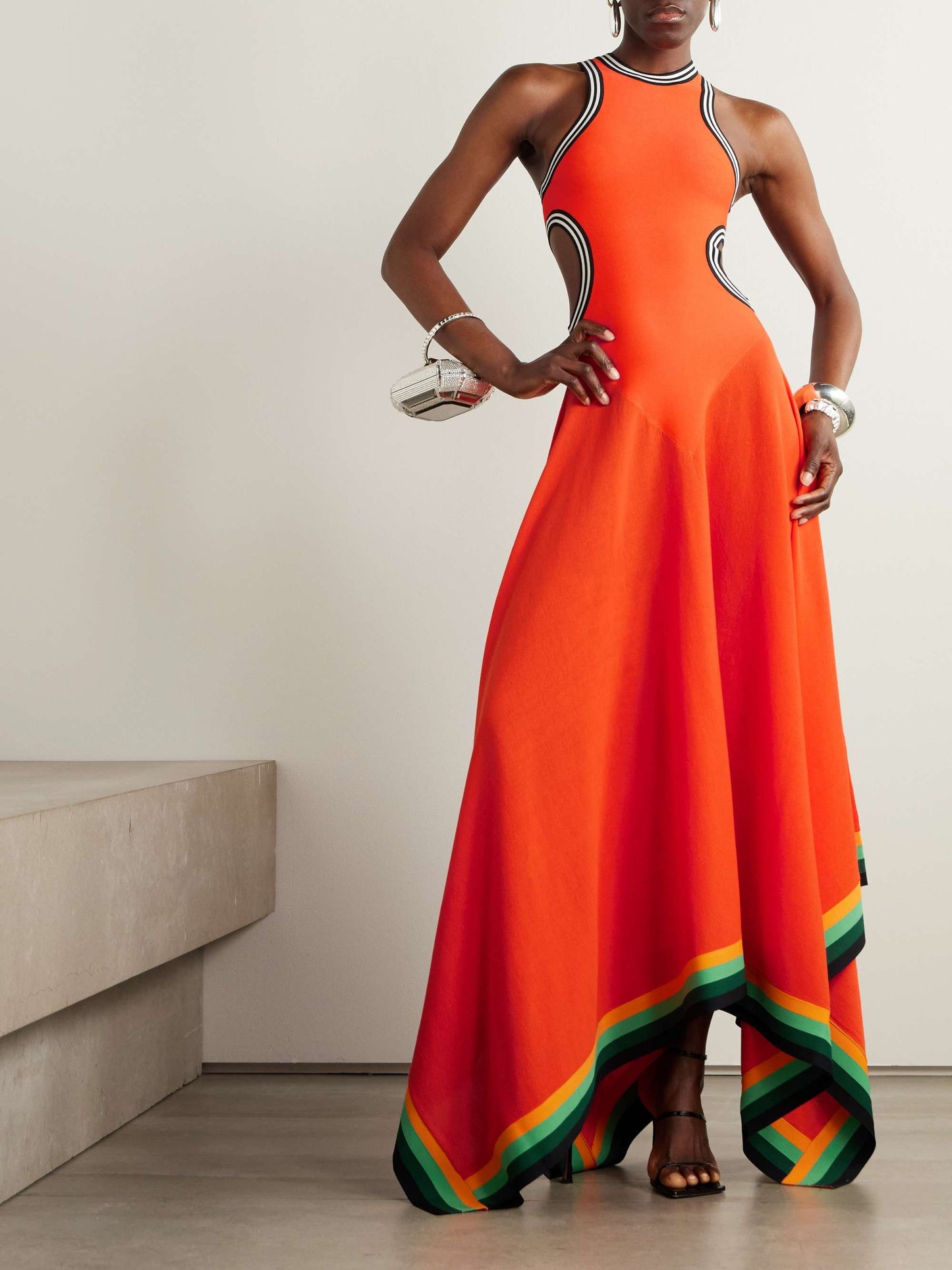 Cutout Contrast Color Irregular Striped Cotton-blend Gown